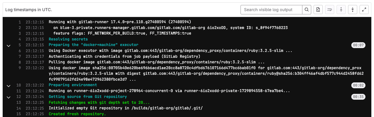 A job log with timestamps in UTC for each line